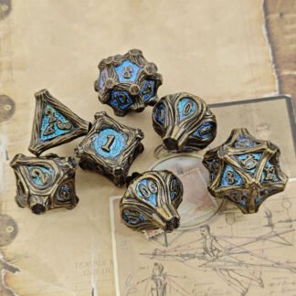 Ancient Grove DND Metal Dice Set – Bronze vines with blue enamel, handcrafted fantasy dice.