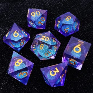 Arcane Wave Liquid Core Dice Set with blue swirling liquid inside purple resin, handcrafted fantasy dice for DND.