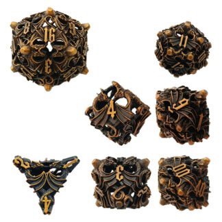 Dragon Guardian hollow metal dice set in antique gold
