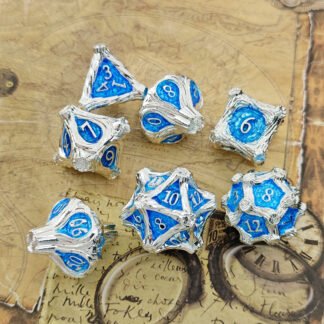 Frosted Grove DND Metal Dice Set – Silver metal dice with icy blue enamel, fantasy DND dice set.