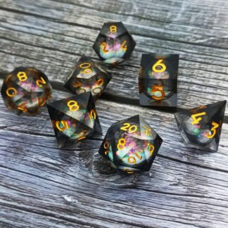 Shadow Nebula Liquid Core Dice Set with smoky resin and cosmic swirling liquid core, galaxy DND dice set.