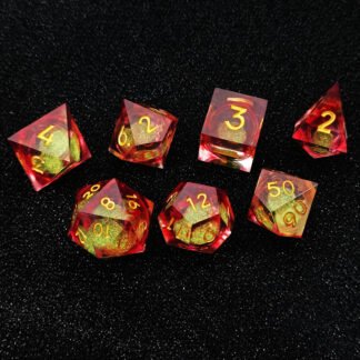 Verdant Core Liquid Dice Set featuring green shimmering liquid inside red resin shell, handcrafted fantasy dice for DND.