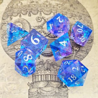 violet blue resin dice with silver numbers