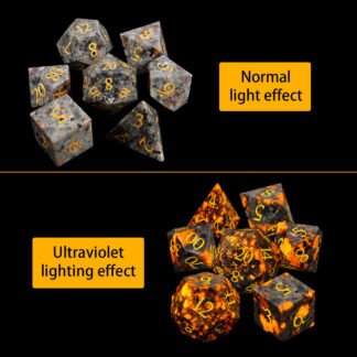 Flame Stone natural gemstone dice under normal light; Flame Stone gemstone dice glowing under UV light; Natural gemstone UV lighting comparison