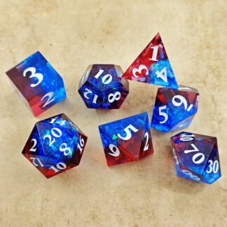 transparent red blue resin dice with white numbers