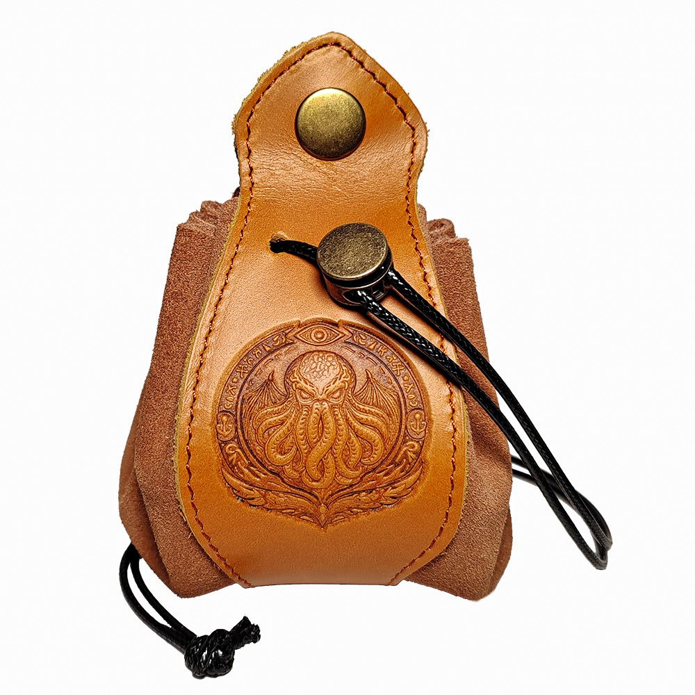 Handmade Cthulhu leather dice bag in closed mode
