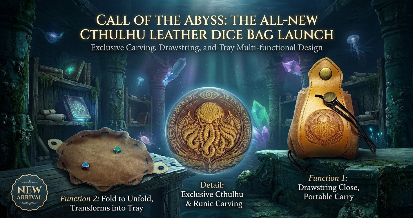 Cthulhu leather dice bag and convertible dice tray for DND and TTRPG